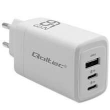 „Qoltec GaN 65W“ įkroviklis, 5–20 V, 3–3,35 A, 2 x USB-C PD, 1 x USB QC 3.0, baltas