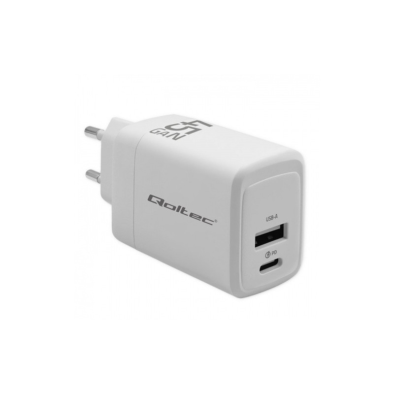 Qoltec GaN 45W charger, 5-20V, 1.5-3A, 1 x USB-C PD, 1x USB QC 3.0, White