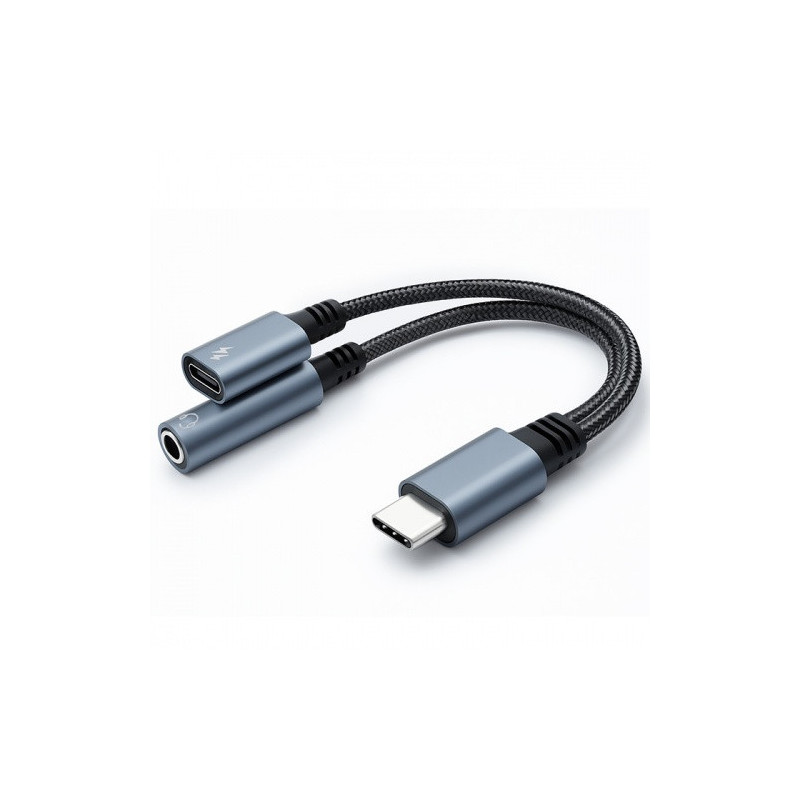 Qoltec Adapter 2in1 USB-C, USB-C, Jack 3.5mm, PD 15W, 10cm, aluminum