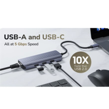„Cudy UH606 PortMate USB-C 6-in-1“ šakotuvas, 4K 60Hz HDMI, gigabito LAN, 3x USB-A, maitinimo įvestis, pilkas