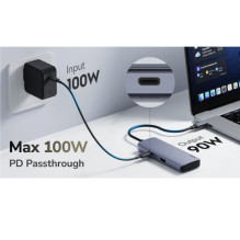 „Cudy UH606 PortMate USB-C 6-in-1“ šakotuvas, 4K 60Hz HDMI, gigabito LAN, 3x USB-A, maitinimo įvestis, pilkas