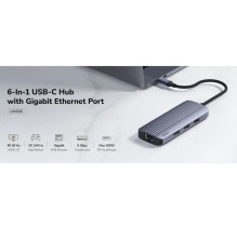 „Cudy UH606 PortMate USB-C 6-in-1“ šakotuvas, 4K 60Hz HDMI, gigabito LAN, 3x USB-A, maitinimo įvestis, pilkas
