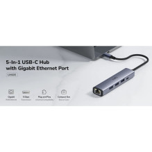 „Cudy UH605“ USB-C 5 viename šakotuvas, gigabito LAN, 3x USB-A, 3.0 maitinimo įvestis, aliuminio, pilkas