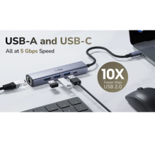 „Cudy UH605“ USB-C 5 viename šakotuvas, gigabito LAN, 3x USB-A, 3.0 maitinimo įvestis, aliuminio, pilkas