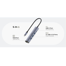 „Cudy UH605“ USB-C 5 viename šakotuvas, gigabito LAN, 3x USB-A, 3.0 maitinimo įvestis, aliuminio, pilkas