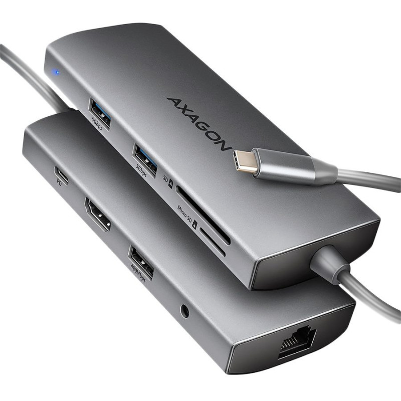AXAGON HMC-8HLSA USB-C 3.2 Gen 1 hub, 3x USB-A + 4K / 30Hz HDMI + SD / microSD, GLAN, Audio, PD 100W, 20cm USB-C cable
