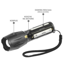 LED torch FL-600 with CREE XM-L2 18650 LED / 3x AAA (R03)