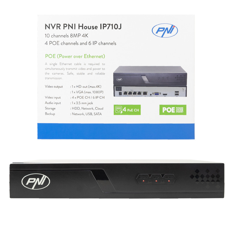 NVR POE PNI House IP710J, 10 channels 4K 8MP, 4 channels POE and 6 channels IP with switch PNI POE or normal H.265