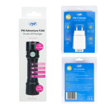 PNI Adventure F200 aluminum double flashlight package with LED, 4000mAh battery, 3 large aperture LEDs and one with focu PNI Adventure F200 aluminum double flashlight package with LED, 4000mAh battery, 3 large aperture LEDs and one with focu