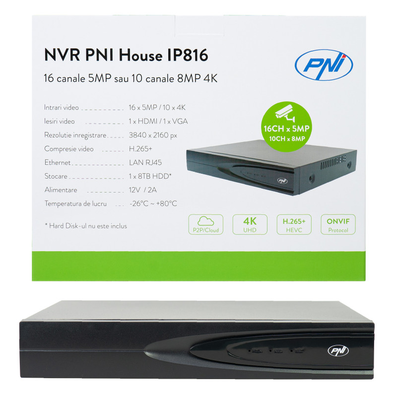 NVR PNI House IP816 with 16 channels IP 5MP or 10 channels 8MP 4K