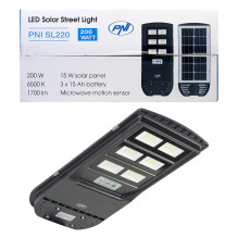 PNI SL220 200W street lighting lamp, with built-in 15W solar panel, 6500K, 1700lm, 3 x built-in 15Ah battery, microwave 