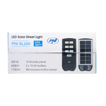 PNI SL220 200W street lighting lamp, with built-in 15W solar panel, 6500K, 1700lm, 3 x built-in 15Ah battery, microwave 