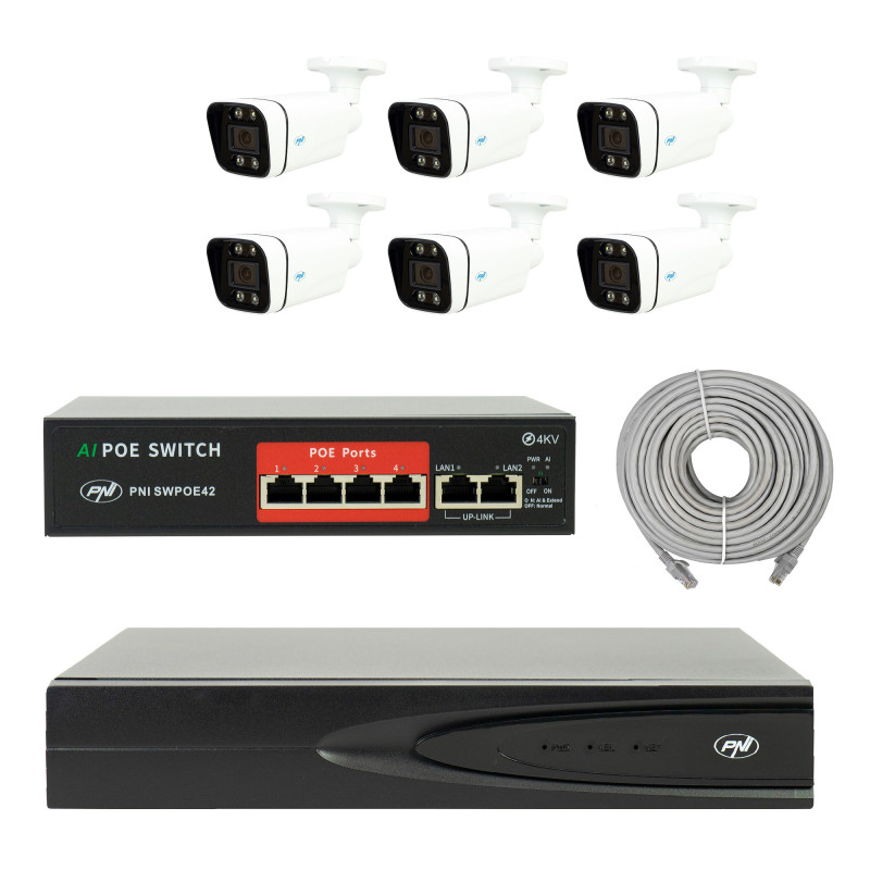 NVR POE PNI House IP810 video surveillance package, 6 PNI IP8POE cameras, POE switch and cables included