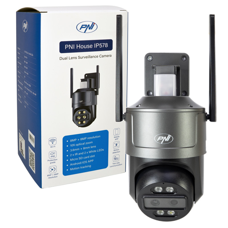 PNI House IP578 video surveillance camera with Wi-Fi, PTZ, dual lens 8MP + 8MP, 10X optical zoom