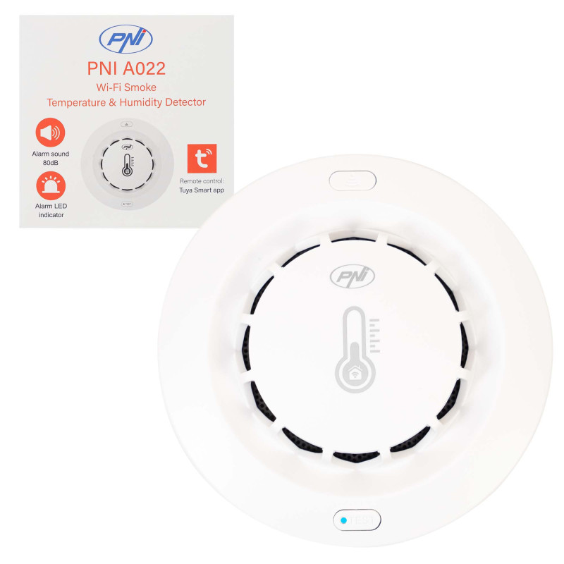 PNI SafeHouse A022 wireless temperature and humidity smoke sensor compatible with the Tuya application, sound alarm