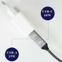 PNI CD600 USB Type-C to Type-C 60W Data &amp; Charging Cable + USB Type-C to USB-A Adapter, 1m Length