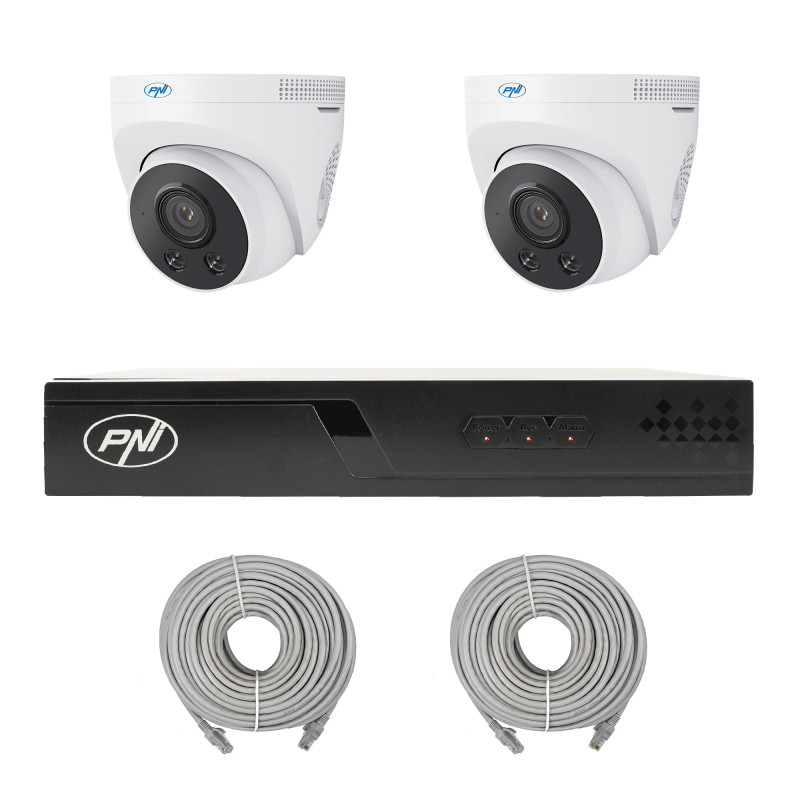 PNI House IP710J POE NVR video surveillance package, 2 PNI IP505J 5MP cameras and 2 20 meter UTP CAT6 cables included