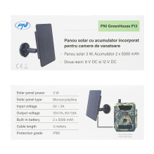 Solar charger PNI GreenHouse P13 6V and 12V output, 3W, Li-Ion 5200 mAh battery, IP66 for hunting cameras