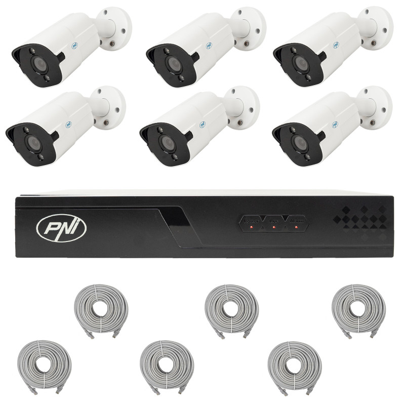 PNI House IP716J POE NVR video surveillance package, 6 PNI IP818J 8MP cameras and 6 20 meter UTP CAT6 cables included