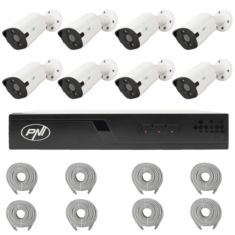 PNI House IP716J POE NVR video surveillance package, 8 PNI IP818J 8MP cameras and 8 20 meter UTP CAT6 cables included