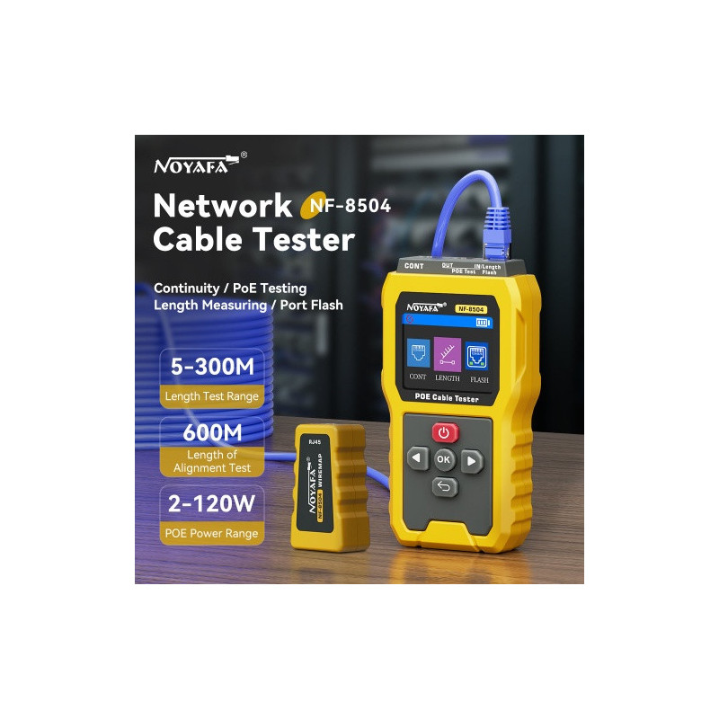 CAT5 / CAT6 tester, LCD screen, PoE testing, cable tests, length measurement, Port tests