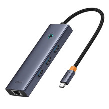6in1 šakotuvas „Baseus UltraJoy“ USB-C su HDMI4K@30Hz, 1 + 3 x USB 3.0 + PD + RJ45 (pilkas)