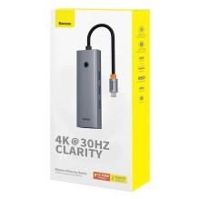 6in1 šakotuvas „Baseus UltraJoy“ USB-C su HDMI4K@30Hz, 1 + 3 x USB 3.0 + PD + RJ45 (pilkas)