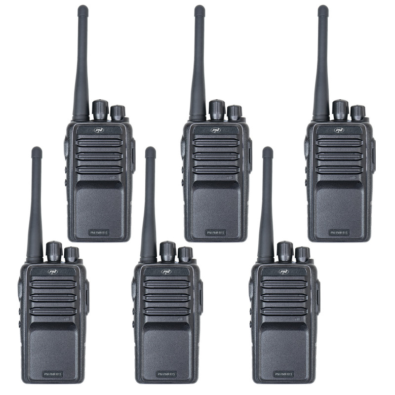 Kit of 6 portable radio stations PNI PMR R15 0.5W, 16 programmable channels, 16 PMR and 50 CTCSS and 104 DCS tones, ASQ,