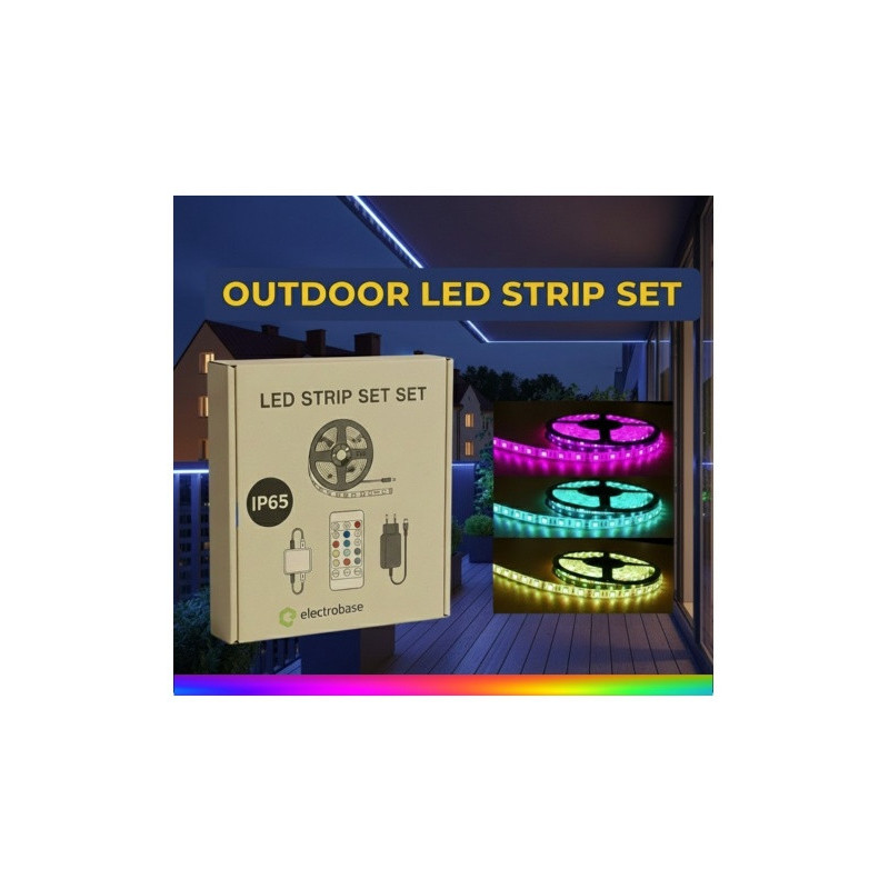 5 m lauko drėgmei atspari spalvinga RGB, 12 V LED juostelė su nuotolinio valdymo pultu, 14,4 W/m, IP65