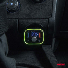 Automobilinis FM siųstuvas 2×USB-A 1×USB-C microSD 12V 24V AMIO-04652