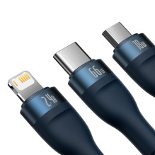 „Baseus“ blykstės serija Ⅱ 3in1 greito įkrovimo laidas USB-A į USB-C / mikro USB / Lightning 66 W 480 Mbps 1,2 m mėlynas