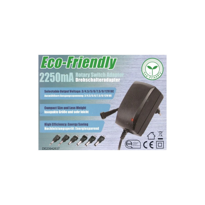 3V-12V Universal power supply 2250mA, 6 types of plugs, 2.25A, 27W, MWMD25EU / 6XC Minwa