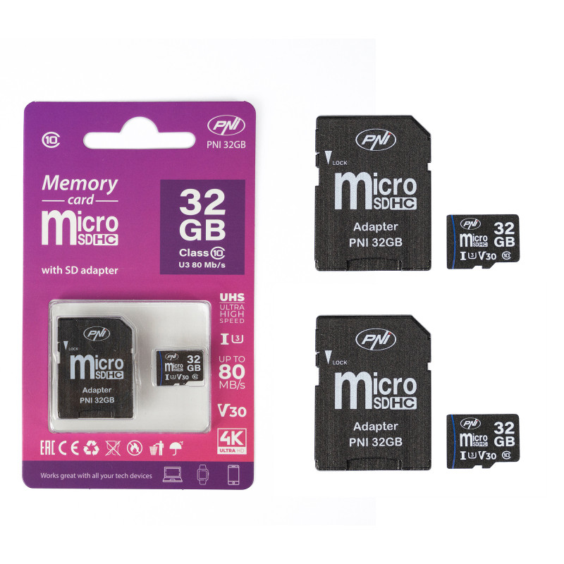 2 „MicroSD“ atminties kortelių PNI 32 GB, 10 klasės, 80 Mb/s, V30, pakuotėje su SD adapteriais