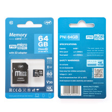 PNI 64GB MicroSD memory card with SD adapter Class 10, 80 Mb / s, V30 PNI 64GB MicroSD memory card with SD adapter Class 10, 80 Mb / s, V30