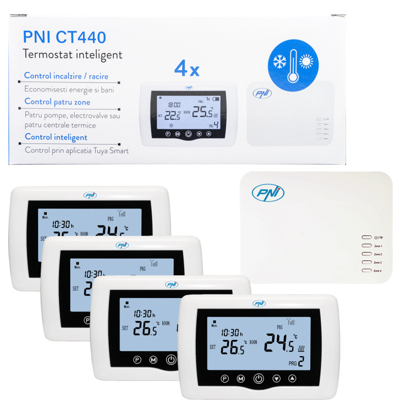 Smart thermostat PNI CT440 wireless, with WiFi, control 4 zones via the Internet, for heating plants, pumps, solenoid va