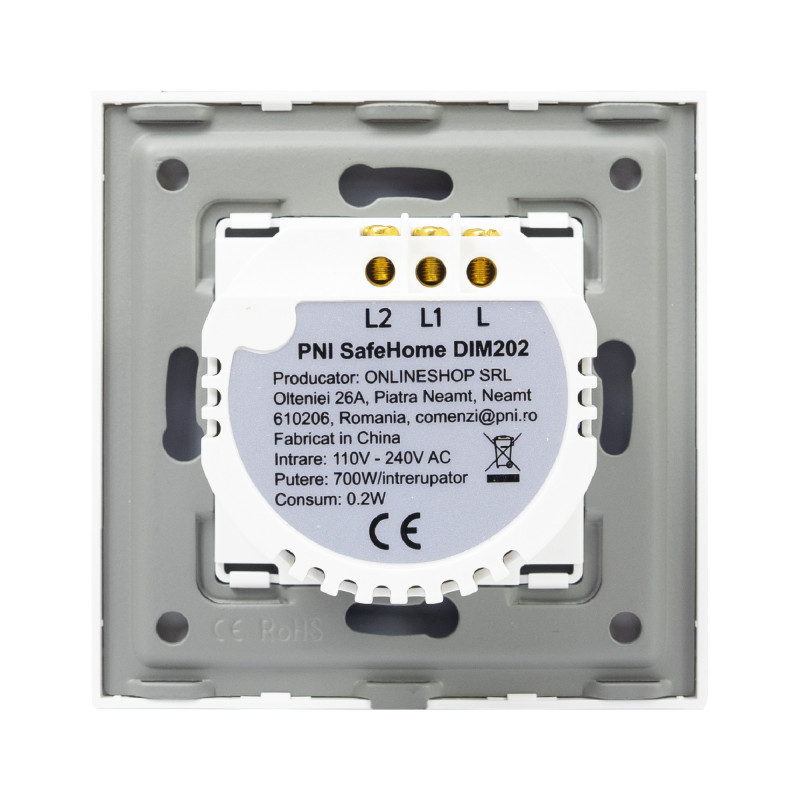 Double switch with touch and dimmer PNI SafeHome DIM202, 2X700W, Live Wire, without zero, glass