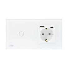 PNI SH115W simple glass switch with touch, combined with Schuko socket and USB plugs