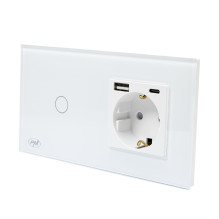 PNI SH115W simple glass switch with touch, combined with Schuko socket and USB plugs