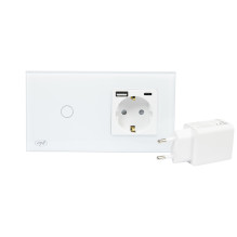 PNI SH115W paprastas stiklinis jungiklis su jutikliniu skydeliu, sujungtas su Schuko lizdu ir USB kištukais PNI SH115W paprastas stiklinis jungiklis su jutikliniu skydeliu, sujungtas su Schuko lizdu ir USB kištukais