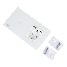 PNI SH115W paprastas stiklinis jungiklis su jutikliniu skydeliu, sujungtas su Schuko lizdu ir USB kištukais PNI SH115W paprastas stiklinis jungiklis su jutikliniu skydeliu, sujungtas su Schuko lizdu ir USB kištukais