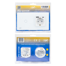 PNI SH115W paprastas stiklinis jungiklis su jutikliniu skydeliu, sujungtas su Schuko lizdu ir USB kištukais PNI SH115W paprastas stiklinis jungiklis su jutikliniu skydeliu, sujungtas su Schuko lizdu ir USB kištukais