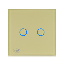Double switch with touch PNI SH202G made of glass, Gold with golden LED indicator Double switch with touch PNI SH202G made of glass, Gold with golden LED indicator