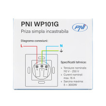 Simple built-in socket PNI WP101G with glass frame, Gold golden color, 16A 3000W Simple built-in socket PNI WP101G with glass frame, Gold golden color, 16A 3000W