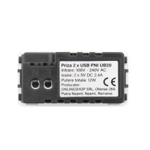 Dvigubas USB lizdas PNI UB20, 5 V, 2,4 A, modulinis, įmontuotas, F 1/2 tipo, stikliniam rėmui RM101W, RM202W