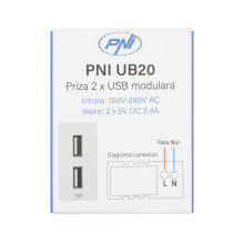 Double USB socket PNI UB20, 5V, 2.4A, modular, built-in, type F 1 / 2, for glass frame RM101W, RM202W