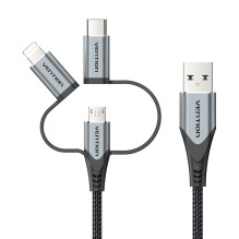 Kabelis - Vention USB 2.0 A M į 3-in-1 Micro-B, USB-C, Lightning 1M Pilkas