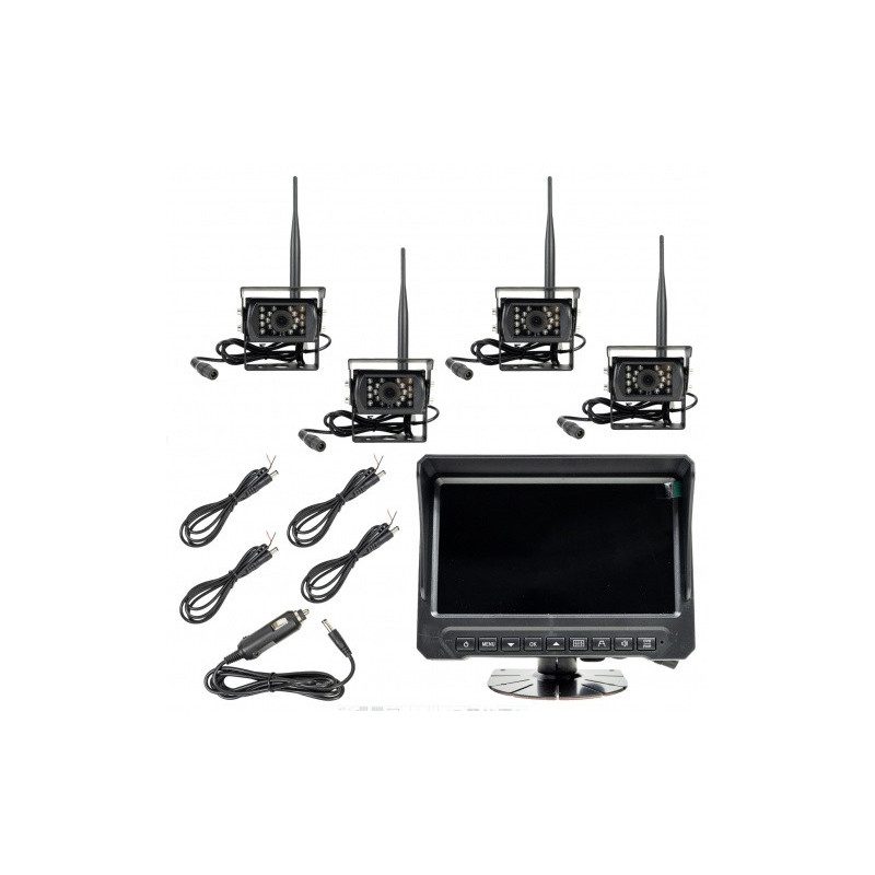 Bezvadu video novērošanas komplekts komerctransportam ar DVR, LCD monitoru un 4 kamerām, SD slots