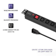 Qoltec 53998 Power strip for RACK 19" , 1U , 10A , PDU , 8xIEC C13 , 2m