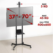 Maclean TV stand / cart, camera shelf, on wheels, 37-70", max load 45kg / 5kg shelf, max. VESA 600x400, MC-113 B