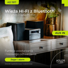 Adler AD 1917 HI-FI bokštinė kolonėlė su Bluetooth / CD / USB / FM radiju, juoda